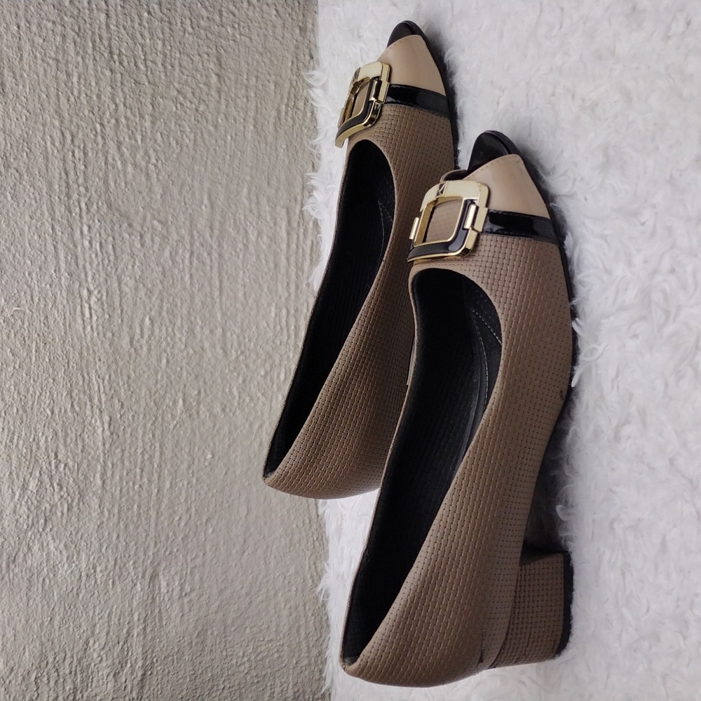 Piccadilly Two Tone Beige Black Woven Textured Upper Peep Toe Low Heel Pump Shoe - Picture 4 of 16